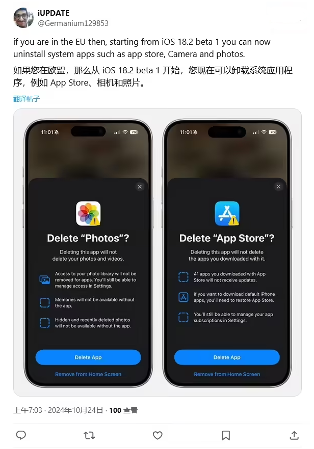 南岳苹果手机维修分享iOS 18.2 支持删除 App Store 应用商店 